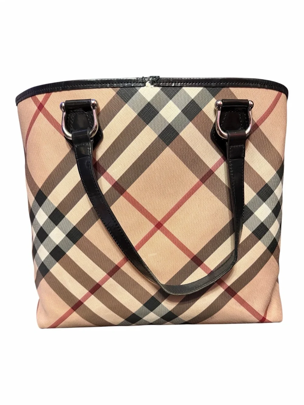 BURBERRY Haymarket Check Canvas & Black Leather Trim Tote Bag